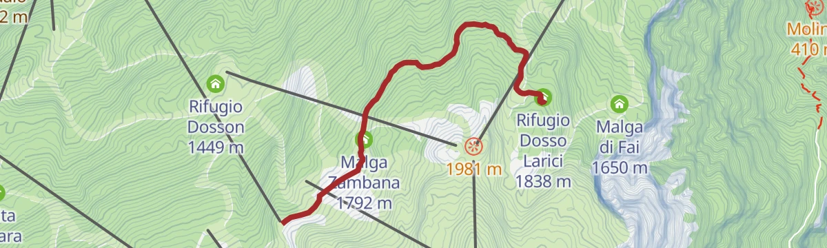 Route map: Walk from Doss Pelà to Rifugio Dosso Larici
